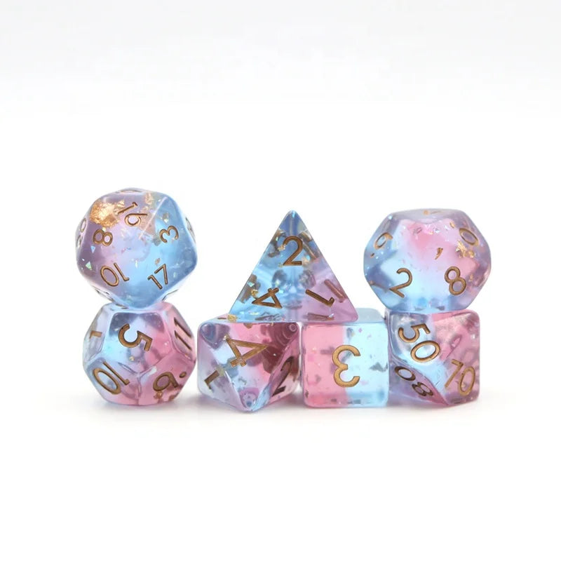 Wholesale Custom Dice Polyhedral Dnd 16mm Resin Pink and Blue Mica Glitter and Copper Foil Dice Set