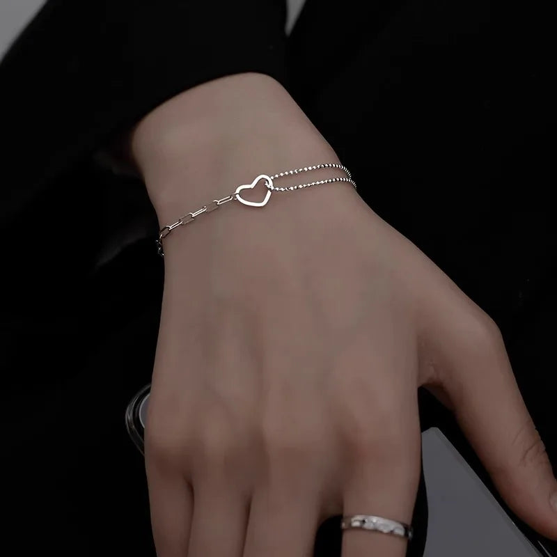 Korean Dainty Luxury Jewelry Valentine's Day Gift S925 Sterling Silver Heart Bracelet
