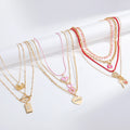 Wholesale Women Cute Sweet Pink Jewelry Love Heart Pendant Necklaces Heart Necklace Pink Chain 4 Layers Gold Plated Necklace