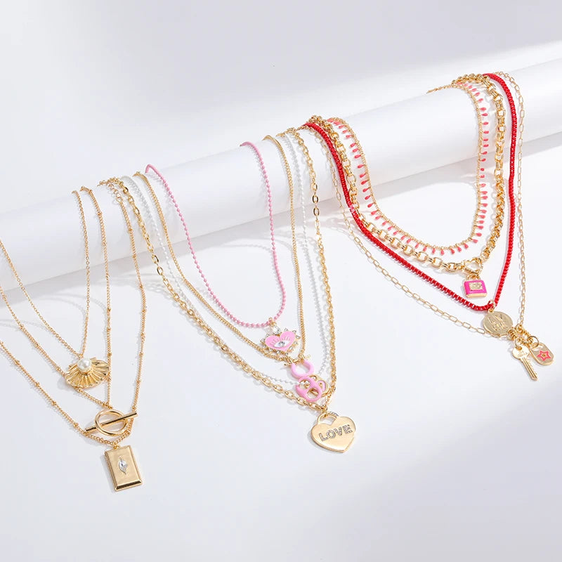 Wholesale Women Cute Sweet Pink Jewelry Love Heart Pendant Necklaces Heart Necklace Pink Chain 4 Layers Gold Plated Necklace