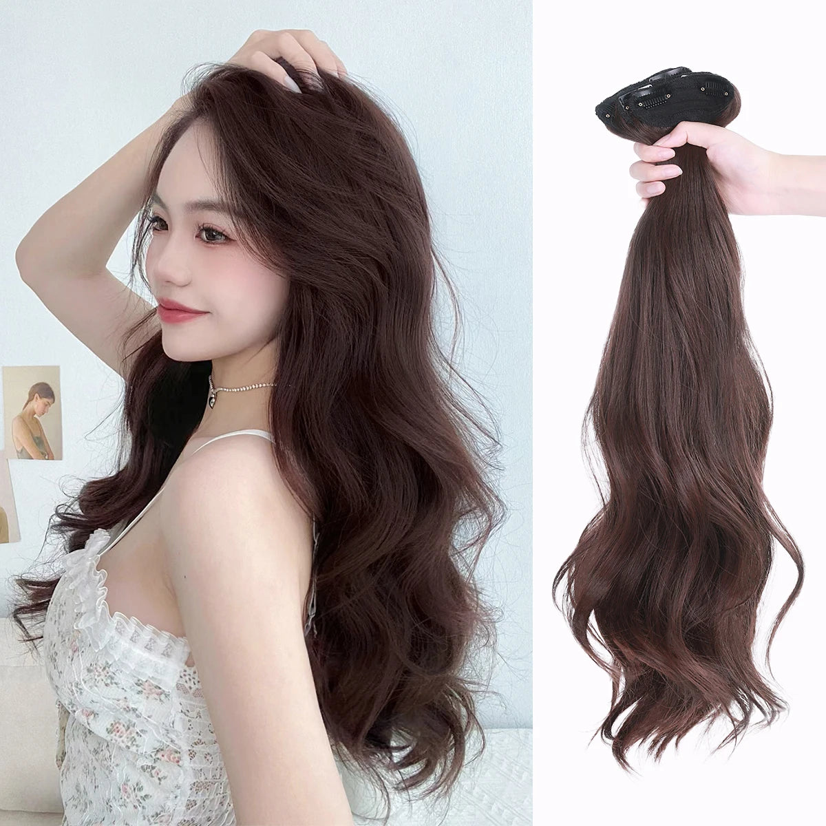 20-Inch Chocolate Brown Synthetic Hair Extensions Wave with 6 Secure Nail Clips Adjustable Clip-on Hairpiece
