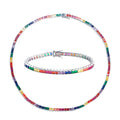 Bling Beautiful Colorful Rainbow Square Cubic Zirconia Chain Link CZ Necklace and Bracelet Summer Boho Jewelry Sets for Women