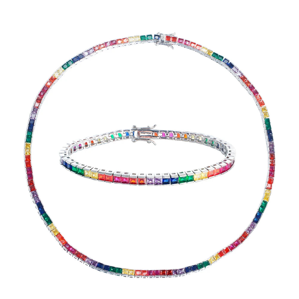 Bling Beautiful Colorful Rainbow Square Cubic Zirconia Chain Link CZ Necklace and Bracelet Summer Boho Jewelry Sets for Women