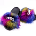 Fur Women Furry Slippers Glitter Color Shoes Female Casual Platform Flat Summer Fur Sandals Diamond Chain Faux Fur Slides