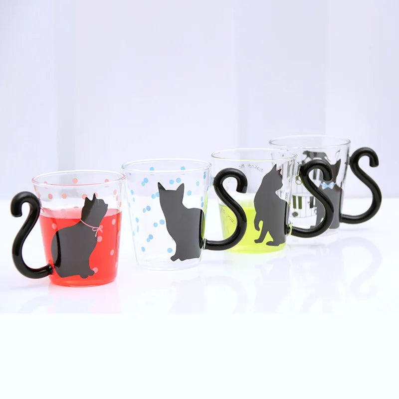 Cartoon Funny Printing Tea Cup pink 3d Animal Cute Black Cat Chape Glass Coffee Mug with Handle for Kids