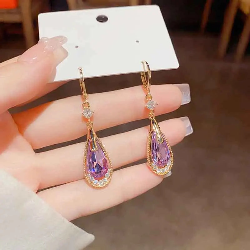 2023 Fashion Dangle Water Drop Earrings Purple Rhinestone Bridal Wedding Hook Earrings for Women