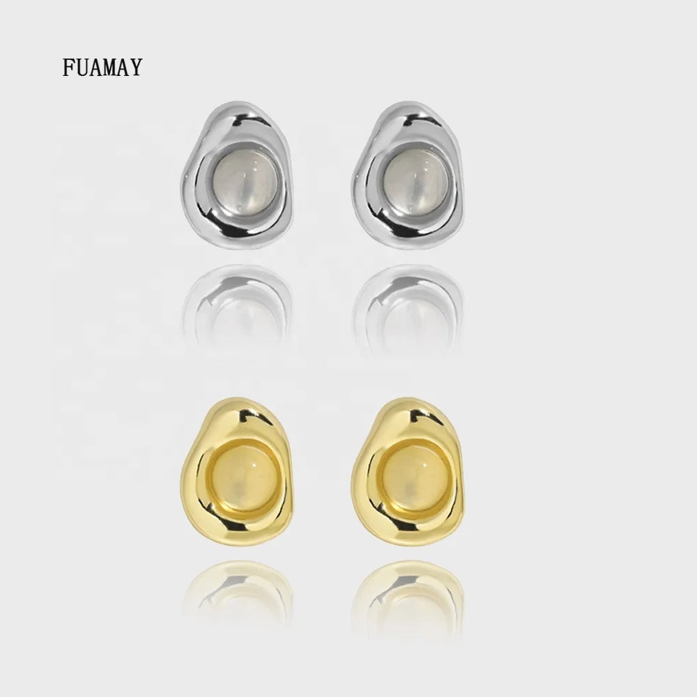 FUAMAY 925 Sterling Silver Oval-shaped White Quartz Gemstone Earrings Gold Plated Woman Quartz Crystal Studs for Anniversary
