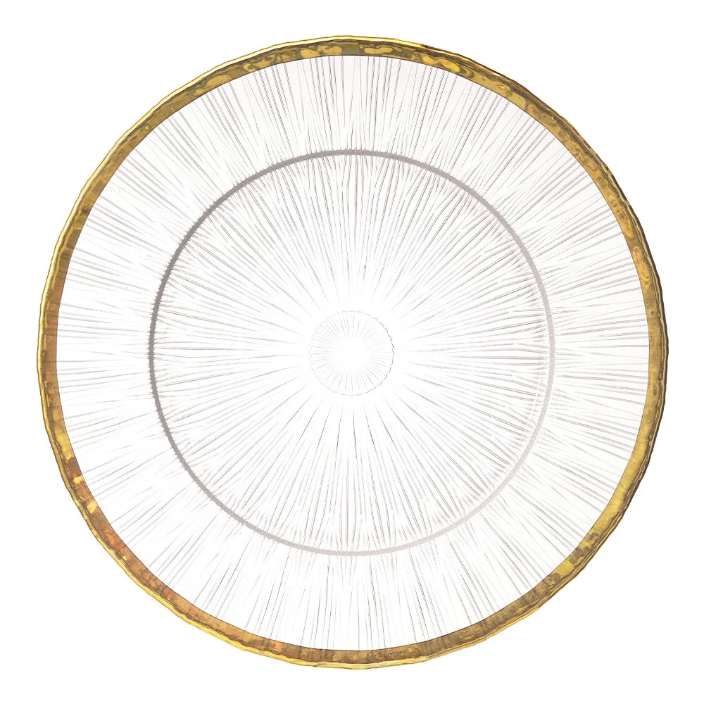 2025 Top Selling Gold Antique Stripe Design Wedding Gold or Silver Clear Elegant Transparent Glass Chargers Plate