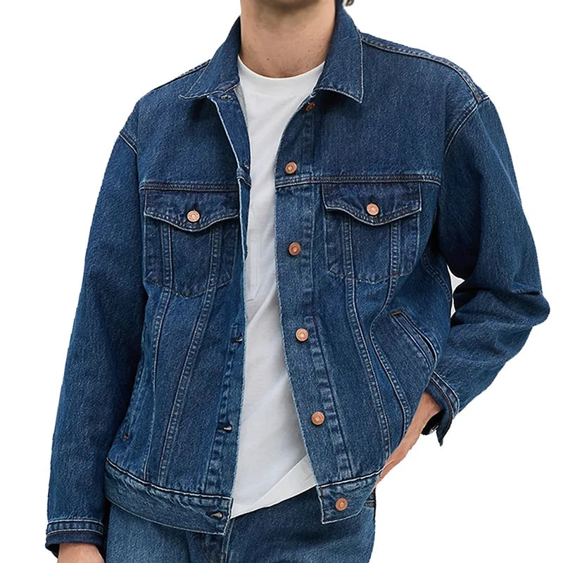 New Design Plain Blue Jeans Jackets for Men Custom Logo on Fashion Plus Size Button Denim Fabric Wash Jeans Coats