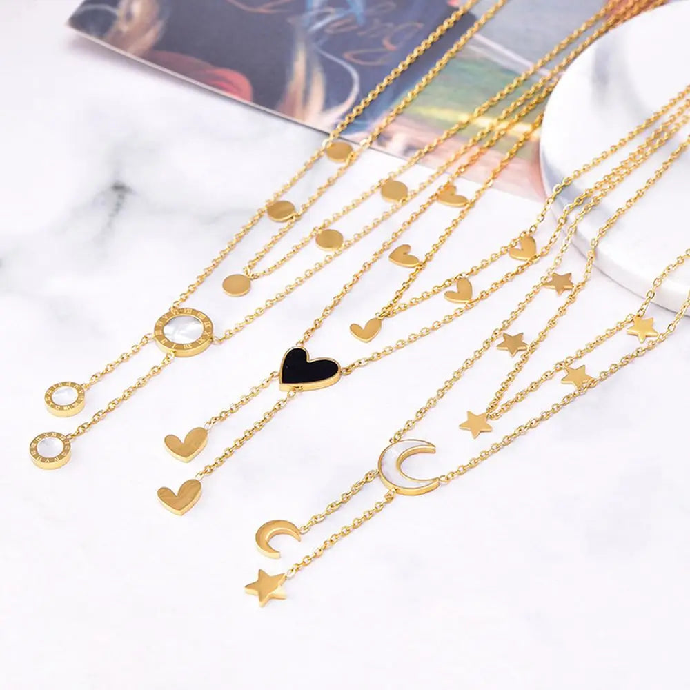 2026 Women Double Layer 18k Gold Plated Roman Round Heart Shell Star Moon Butterfly Tassel Stainless Steel Chain Necklace