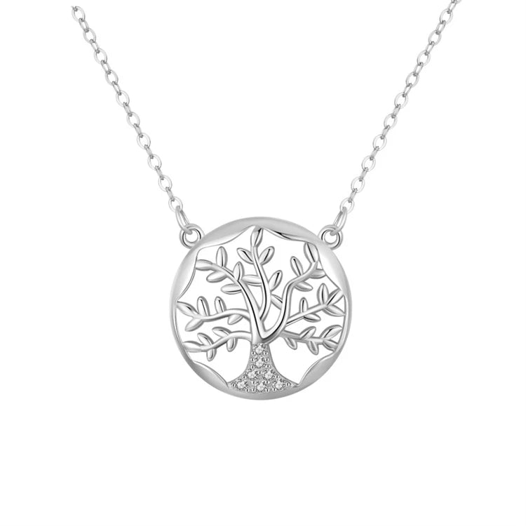Trendy Round Circle Family Tree Pendant 925 Sterling Silver Zircon Tree of Life Necklace for Gifts