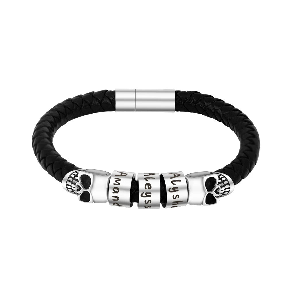 Personalized Magnetic Clasp Cuff Bracelet New Design Braided Leather Metal Skull Name Bead Fashion Jewelry