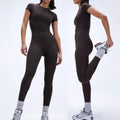 Wholesale Mujer Rompers Short Sleeve Yoga Jumpsuit Zip Back Brown Workout Jumpsuit 2023