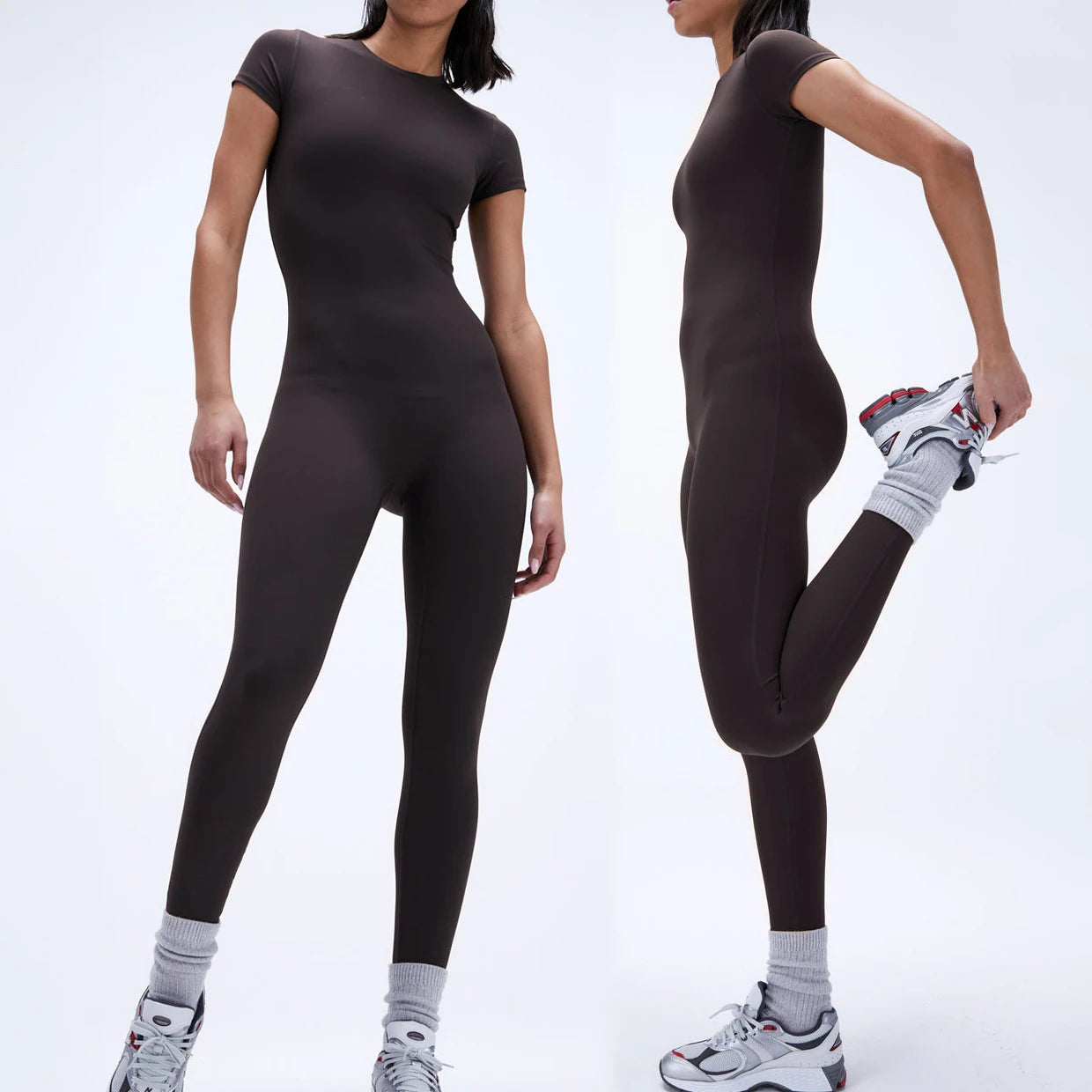 Wholesale Mujer Rompers Short Sleeve Yoga Jumpsuit Zip Back Brown Workout Jumpsuit 2023
