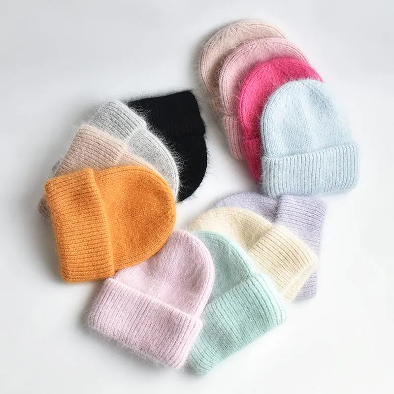 Wholesale Factory Womens Angola Wool Knit Hats Winter Thick Cuff Beanie Custom Colorful Ski Hats in Stock