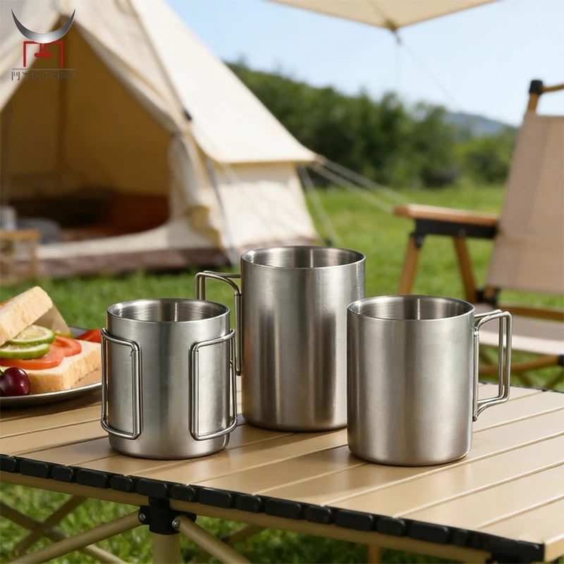 304 Stainless Steel Camping Cup Set Outdoor Travel Hiking Picnic Beer Cup with Foldable Handles explorer Double Wall Tea Mug