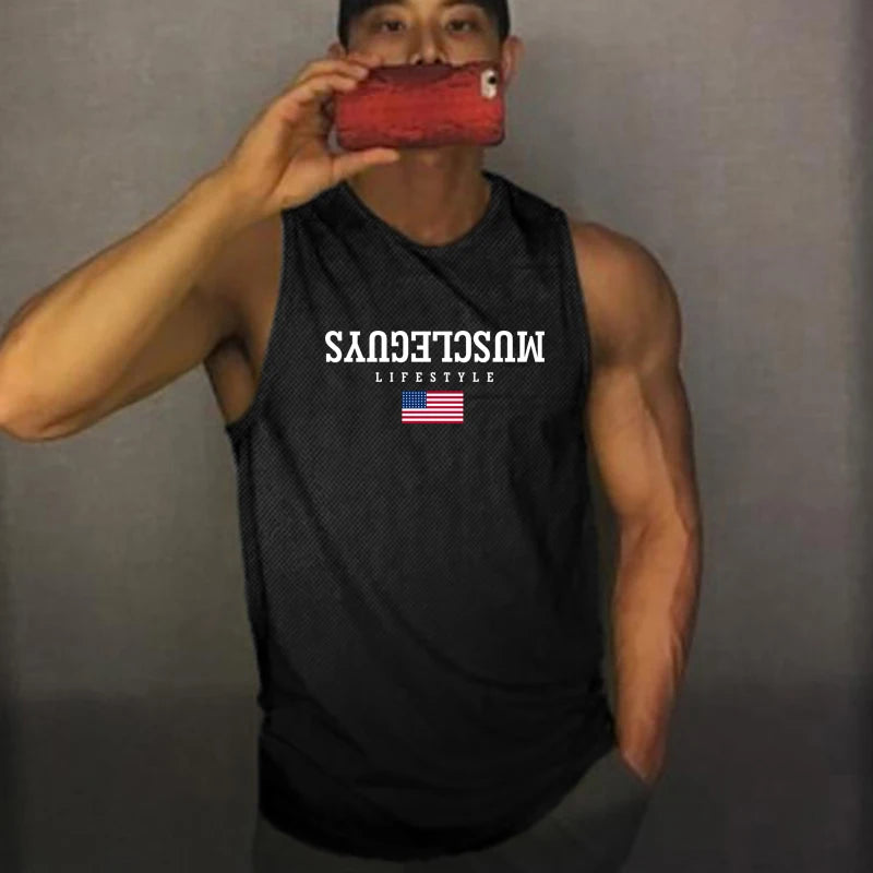 Summer Mesh Gym Stringer Tank Top Men Breathable Clothing Bodybuilding Sleeveless Shirt Fitness Vest Muscle Singlets Workout