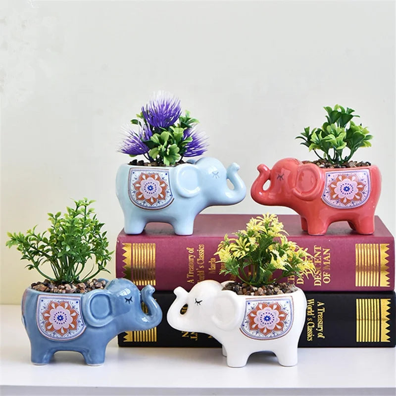 Animal Series Elephant Shape Ceramic Garden Pots With Drainage Hole Bohemian Pattern Exquisite Home Decoration