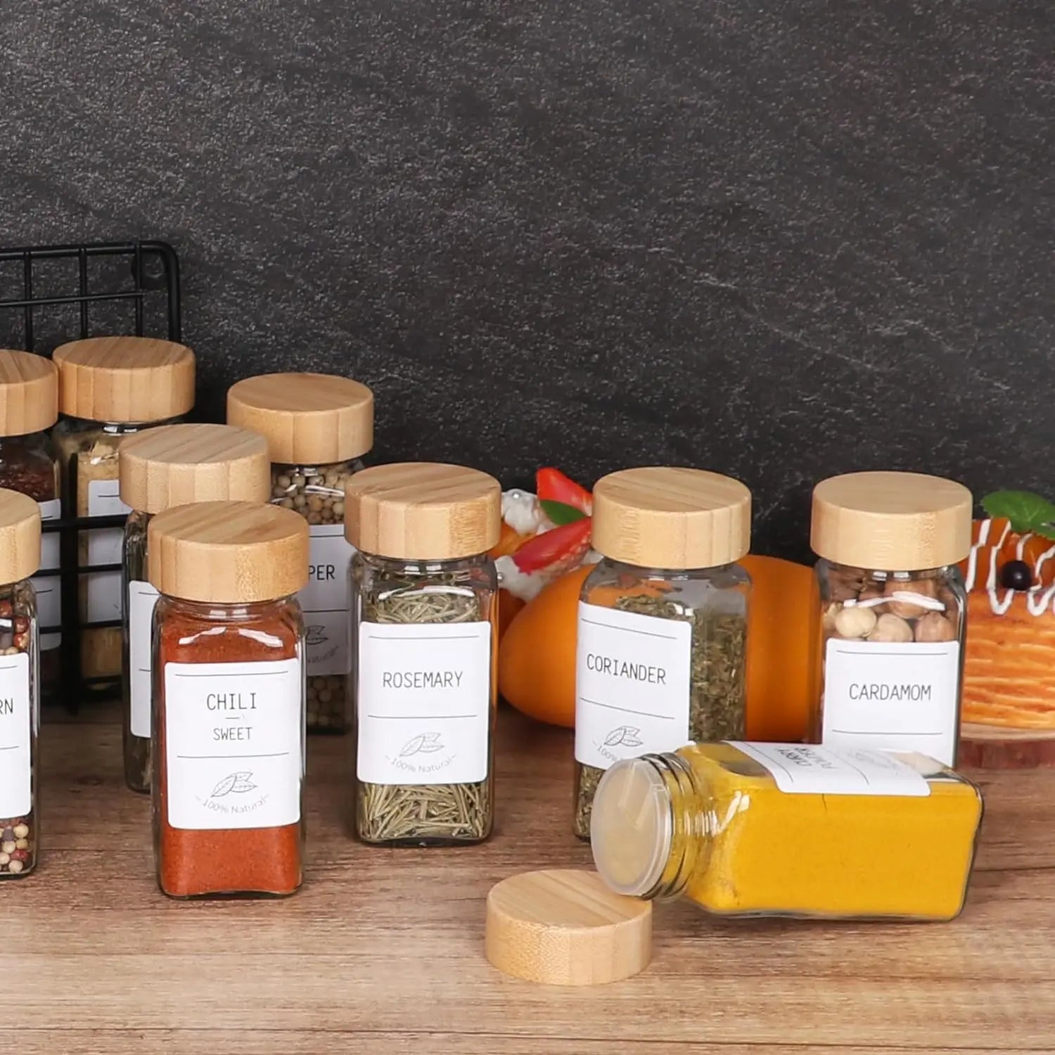 4 oz Glass Spice Jars with Bamboo Lids Empty Square Spice Containers with  Blank Printed Labels