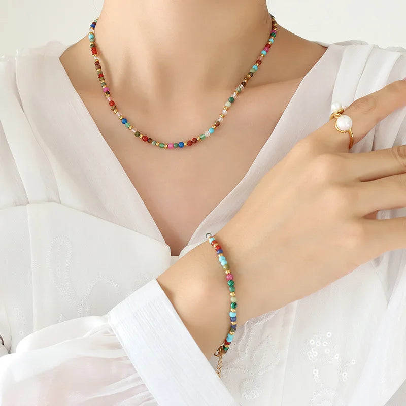 New 18K Gold Plated Stainless Steel Bohemia Ethnic Style Personality Accessories Beaded Titanium Steel Jewelry Set