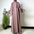 Solid Satin Fabric Fashion Open Style Rhinestone Cuff Matching With Inner Dress and Scarf Islamic Women 4 Piece Abaya Dress Set