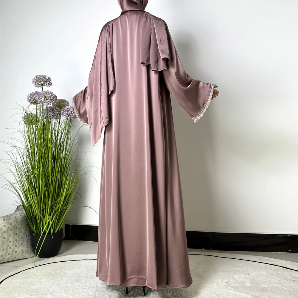Solid Satin Fabric Fashion Open Style Rhinestone Cuff Matching With Inner Dress and Scarf Islamic Women 4 Piece Abaya Dress Set