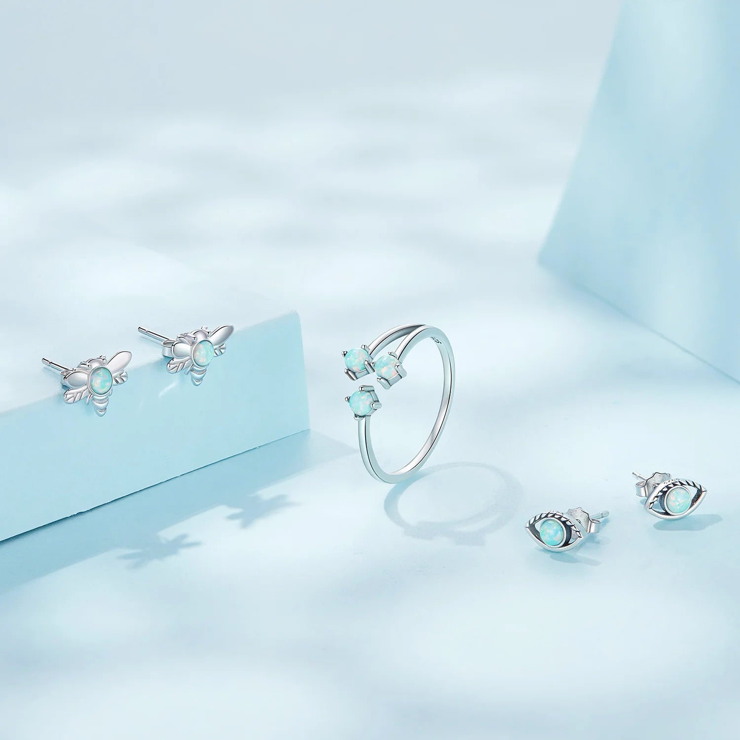 Ocean Blue Eyes Series 925 Sterling Silver Earrings Set with Open Ring Fashion Jewelry for Women Blue Stone Silver Earrings Set