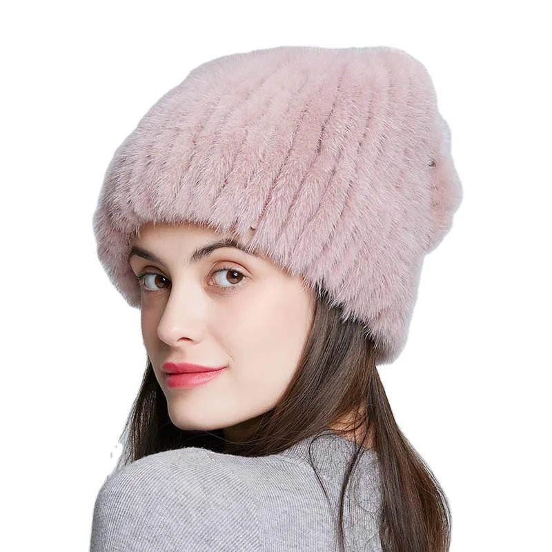Custom Color Real Mink Fur Beanie With Back Decoration for Women Winter Elegant Fur Stripes Hats Warm Hats for Cold Weather