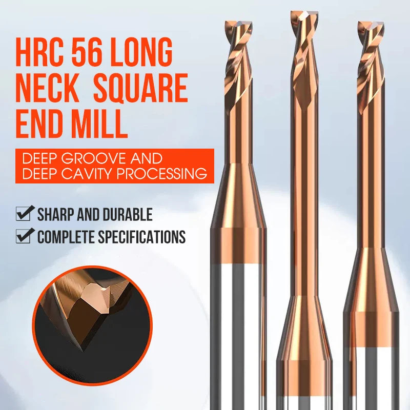 Long Neck Flat Carbide End Mill 2 Flute HRC56 Tungsten Carbide Cutter Durable Milling Tool for Steel Alloy and Metal Machining
