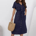 Enyami Causal Long Custom Button up Customized Women's Linen V-neck Short Sleeve Belt Front Button Women's Casual Shirt Dress