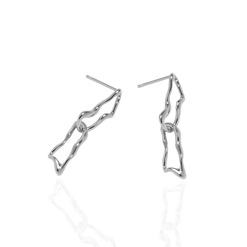925 Sterling Silver Art Deco Hammered Earrings Rectangle Oval Links with Gold Plating Irregular Drop Liner Design