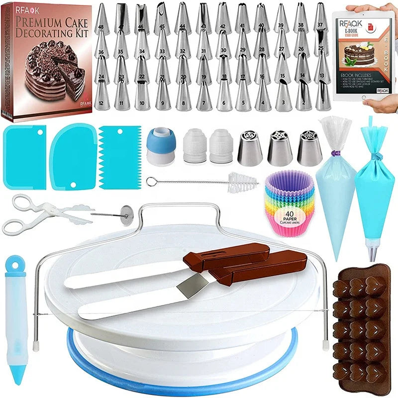 Stainless Steel Cake Decorating Nozzles Set 150pcs Icing Piping Tips Plastic Turntable Stand Equipment Essential Cake Supplies