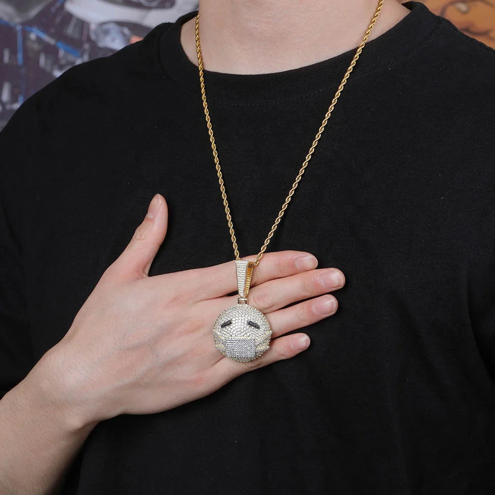 Unique Daily Wear Gold-Plated Face Pendant Necklace New Mask Wearing Charm Cubic Zirconia Brass Rope Chain-for Men Women