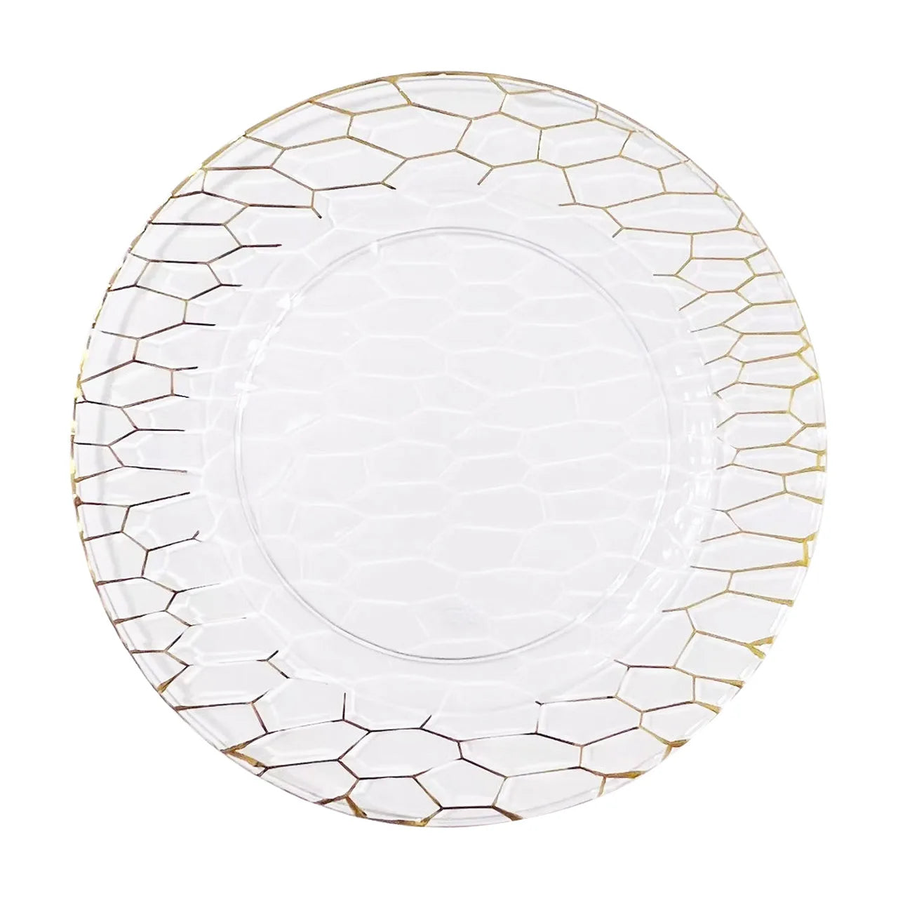 13\" Eco-Friendly Hexagonal Pattern Charger Plates White Clear Plastic with Gold Rim Minimum Order 100pcs