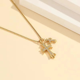 Fashion Titanium Steel Cross Diamond Necklace Double Cross Vintage Long Pendant Necklace for Girl