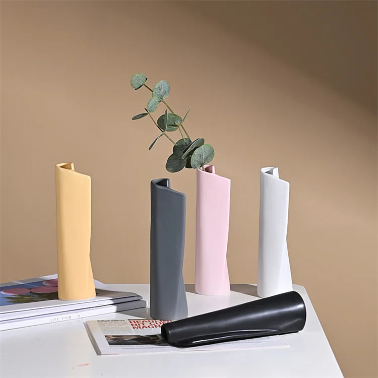 Nordic Tall and Slender Small Mouth Ceramic Vase Folding PLIAGE  Unique Design Porcelain Rose Handmade Colorful Vases