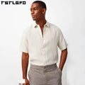 Custom Pleated Shirt Men's Short Sleeve Button up Summer Casual Shirts Short-sleeve Solid Pure Linen Shirt Men