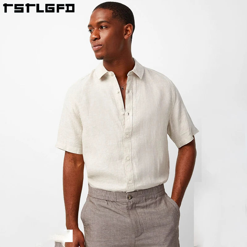 Custom Pleated Shirt Men's Short Sleeve Button up Summer Casual Shirts Short-sleeve Solid Pure Linen Shirt Men