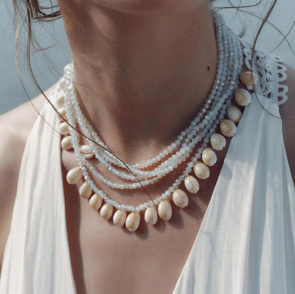 Summer Bohemian Style Waterfall Design Necklace Multi-Layered Crystal Chain with Shell Link Chain Style