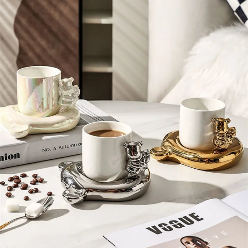 Light Luxury Nordic Ins Bear Coffee Cup and Saucer Cartoon Three-dimensional Shape Afternoon Tea Cup