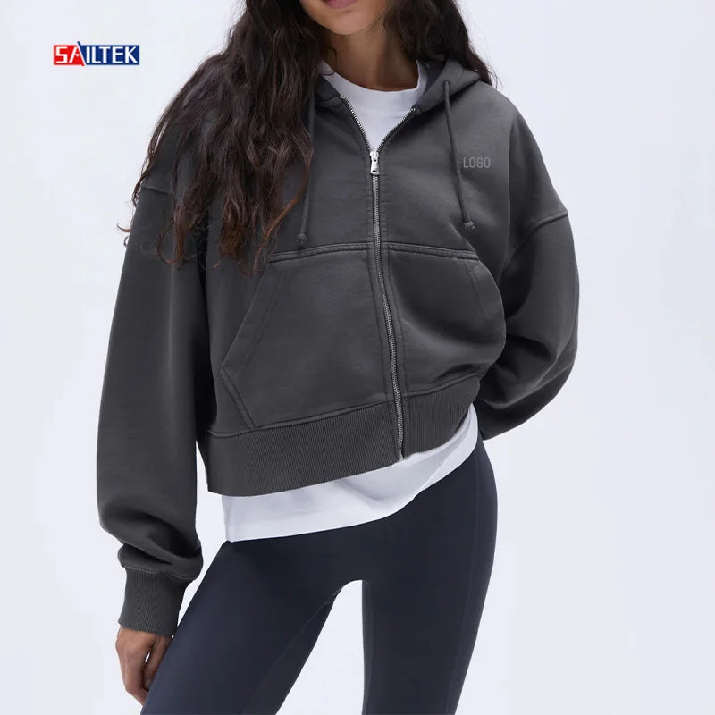 Custom Logo Women Blank Crop Top Hoodie Wholesale High Quality Causal Knitted Cotton Pullover Cropped Zip up Hoodie