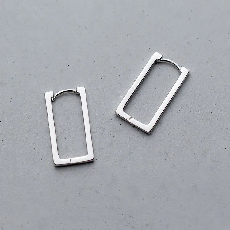European Style Pure 925 Sterling Silver Geometric Rectangle Long Hoop Earrings for Women