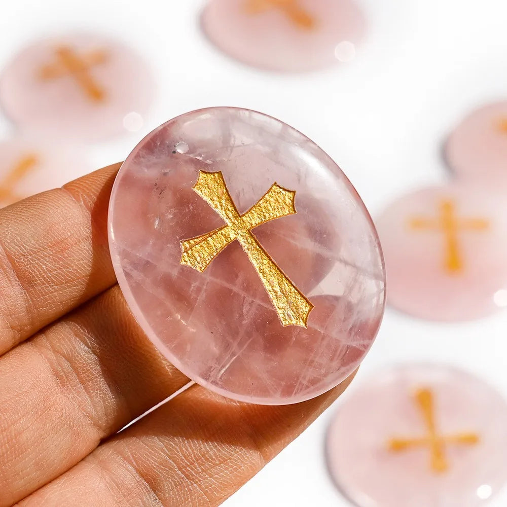 Rose Quartz Chakra Reiki Gemstone Cross Pendant Gold Symbol DIY Necklace Oval Shape Healing Crystal Fashion Pendants Charms