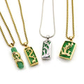 HY0010 Chinese Dragon Phoenix Rectangular Green Jade Pendant Stainless Steel Necklace Gold Silver Bicolored Pendant Necklace