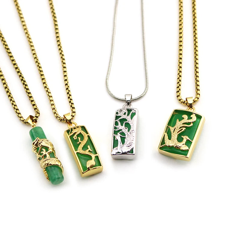 HY0010 Chinese Dragon Phoenix Rectangular Green Jade Pendant Stainless Steel Necklace Gold Silver Bicolored Pendant Necklace