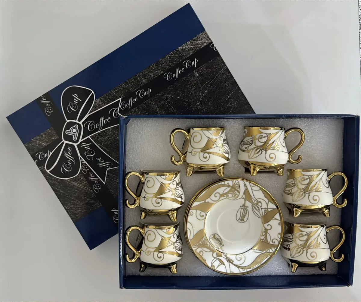 QIAN HU Ethiopian Stone Style Porcelain Ceramic Coffee Tea Cups Saucers Set Traditional Art Vintage Eco-Friendly Business Gifts