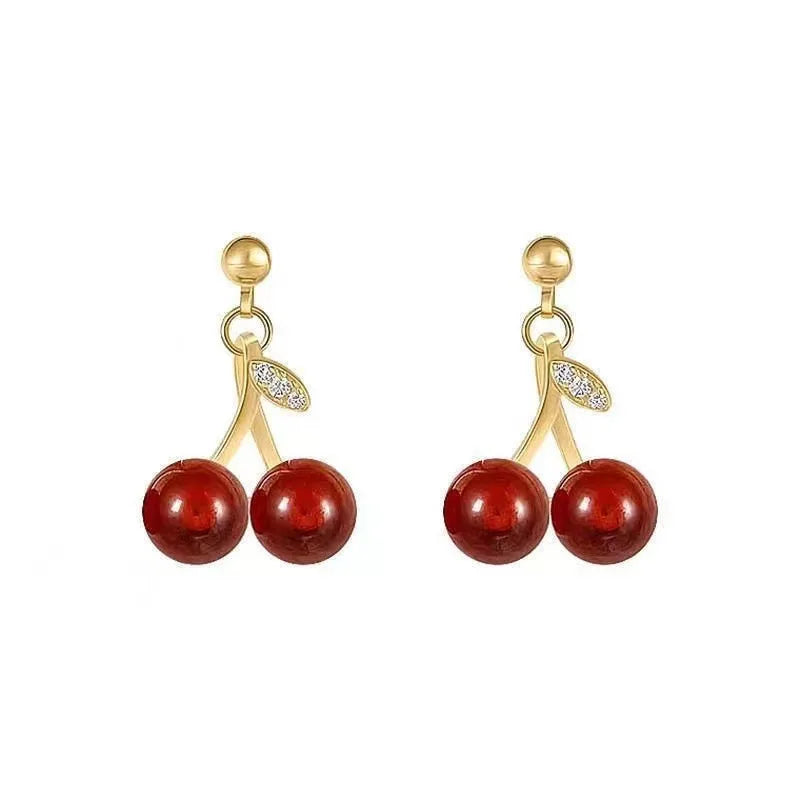 Trendy Red Cherry Drop Earrings with Gold Plating Cute Design Copper Alloy Zircon & Pearl Butterfly & Flower Shape for women