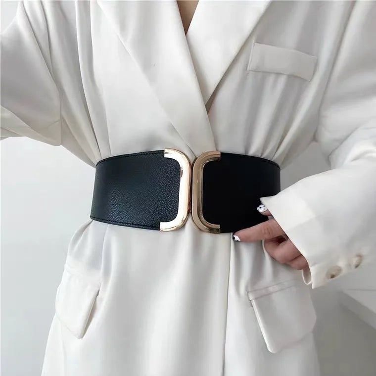 New Trendy Elastic Strength Belts With Big Clasp Belt Buckle Fashion Wide Stretchy Vintage Cinch Waistband Women