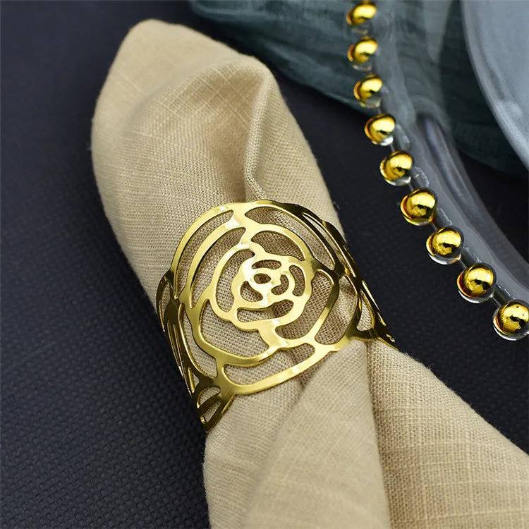 Wholesale Wedding Decorative Metal Iron Table Golden Hollow Flower Rose Napkin Ring Holder for Events Party Decoration