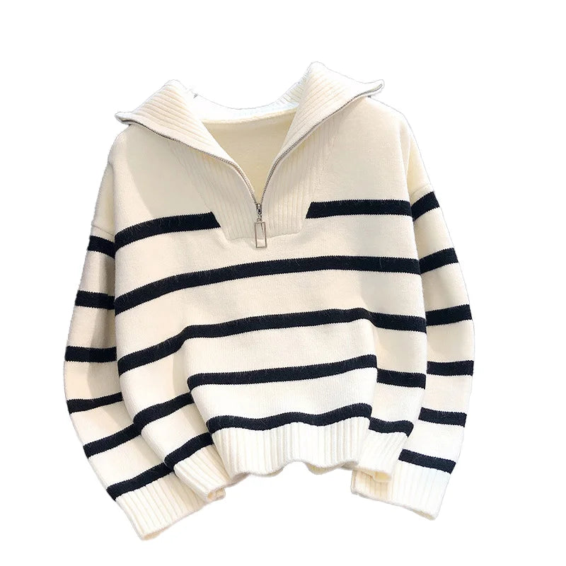 Autumn and Winter Thickened Sweater With Zipper Striped Crop Top Sweater Knitted Long Sleeve Pullover Sweater for Women